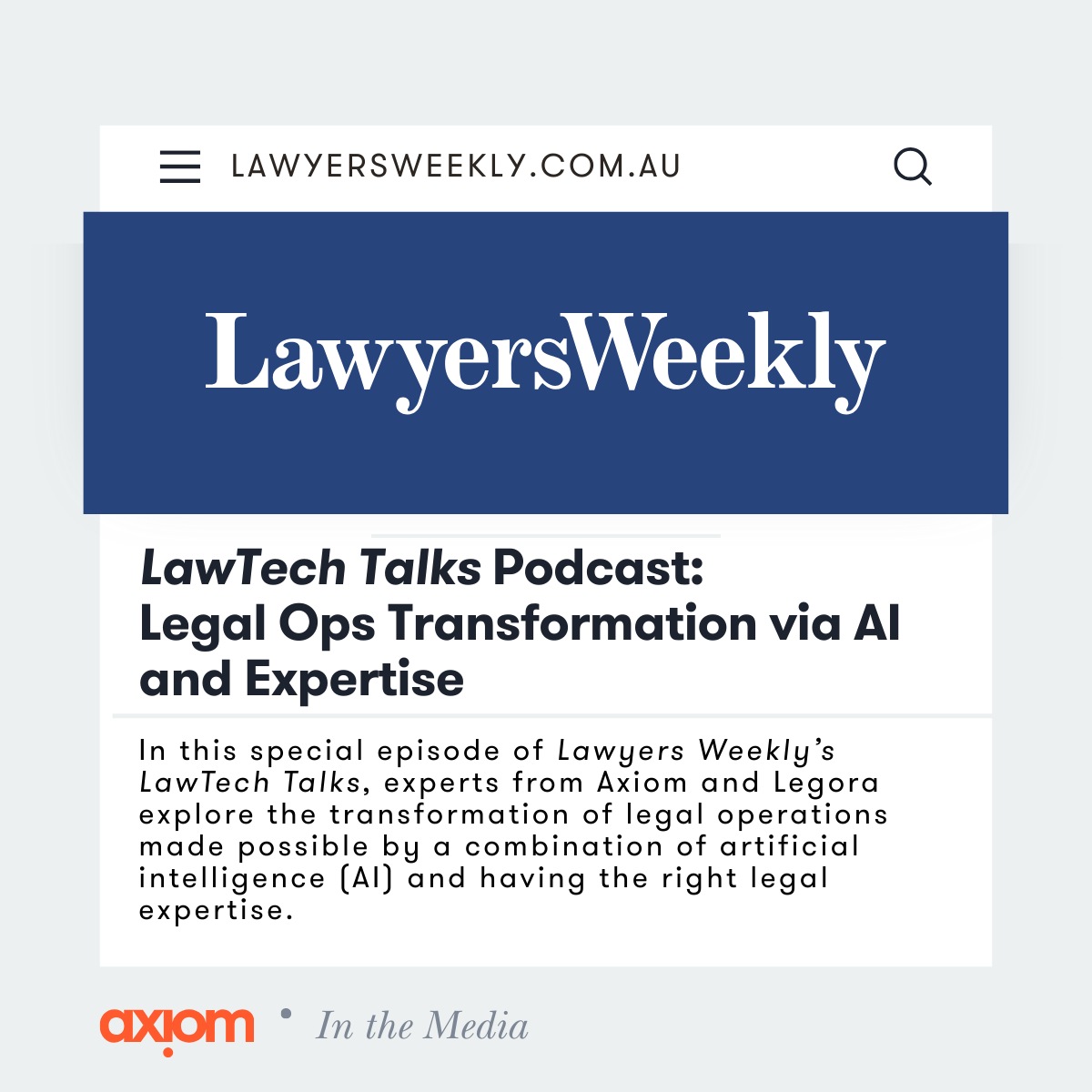 Screenshot of Lawyers Weekly website featuring a podcast episode titled 