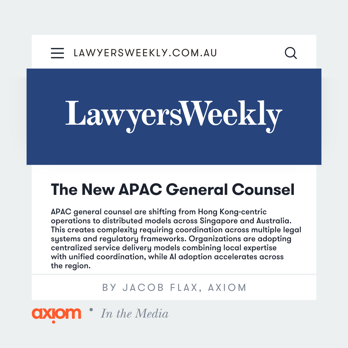 Image, Lawyers Weekly Logo and headline, The New APAC General Counsel